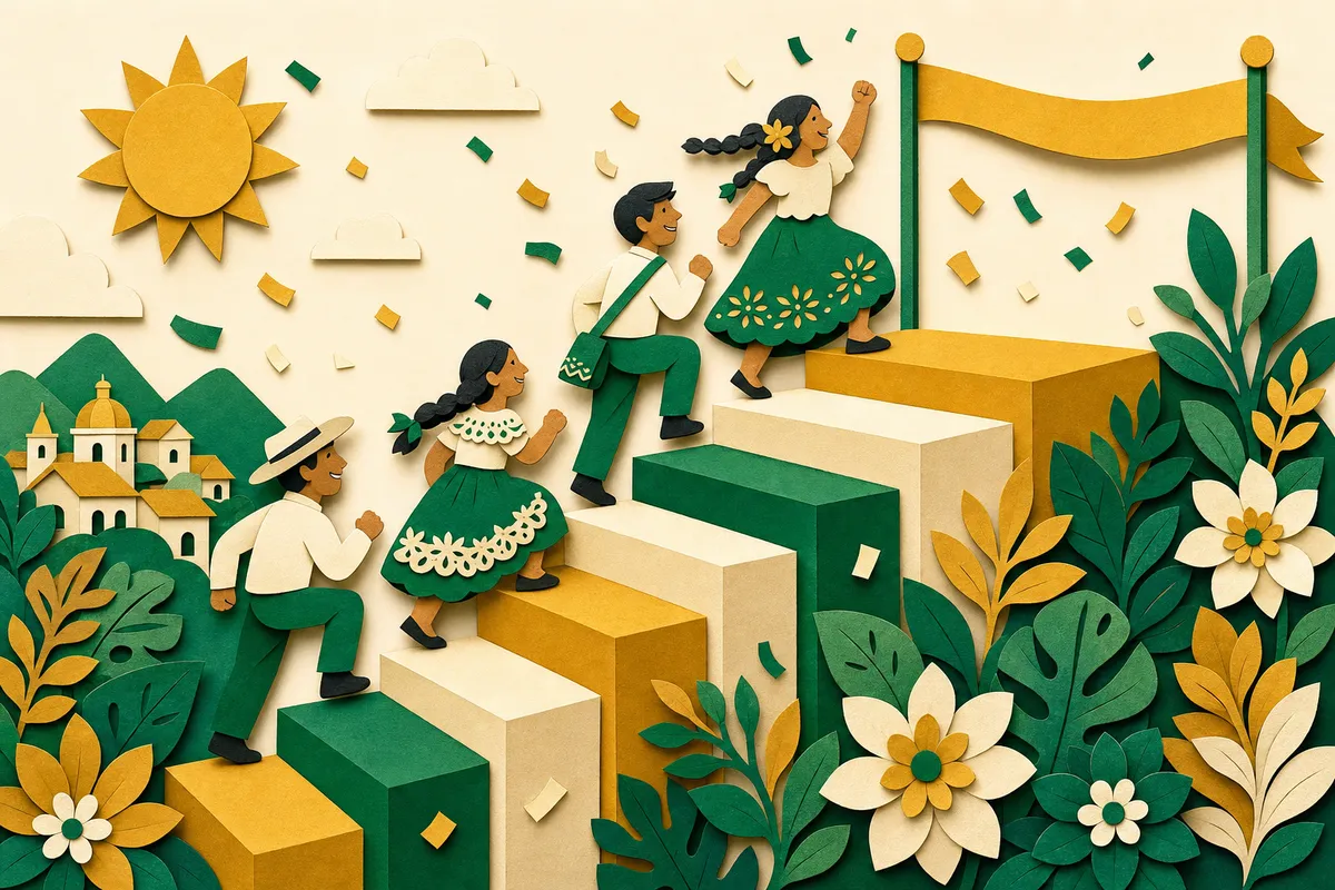 Ilustración de papel: escalera de bloques que sube hasta una cinta de llegada dorada
